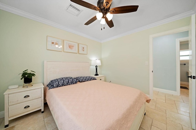 bedroom with ceiling fan and ornamental molding