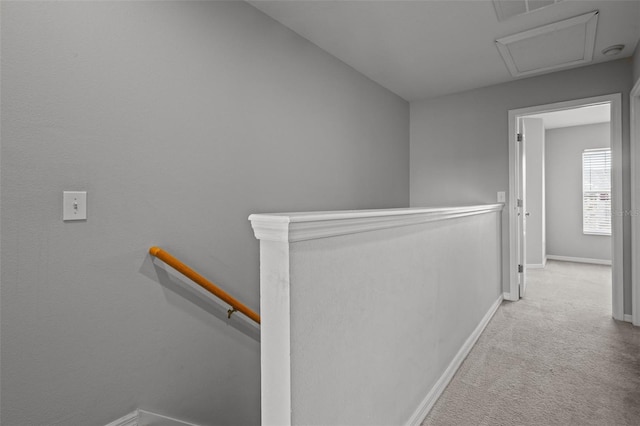 6950 Towering Spruce Dr, Riverview, FL 33578 - corridor with attic access, carpet floors, an upstairs landing, and baseboards