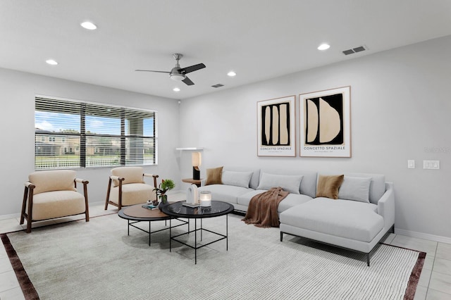 tiled living area featuring recessed lighting, ceiling fan, and visible vents