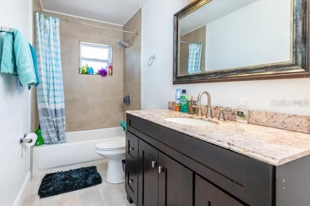 full bathroom with vanity, toilet, and shower / bath combination with curtain