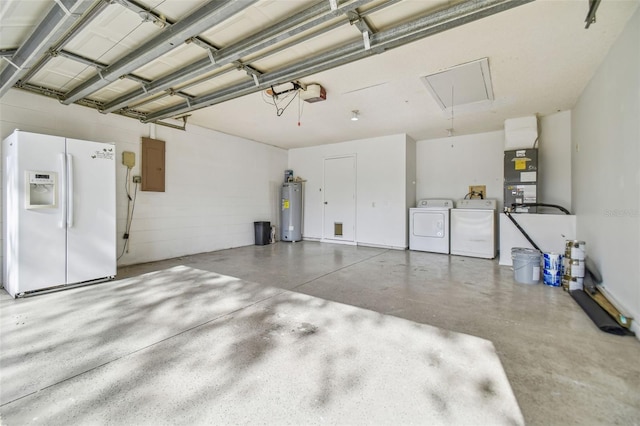 garage featuring white fridge with ice dispenser, separate washer and dryer, electric water heater, heating unit, and electric panel