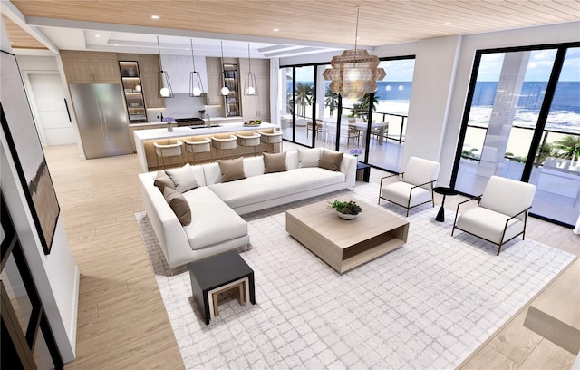 living room featuring light hardwood / wood-style flooring, wood ceiling, a water view, and a notable chandelier