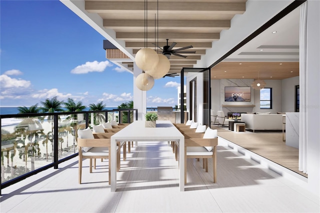 balcony featuring ceiling fan and an outdoor living space