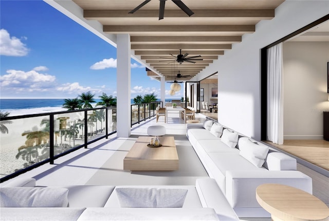 balcony with ceiling fan, an outdoor living space, a water view, and a view of the beach