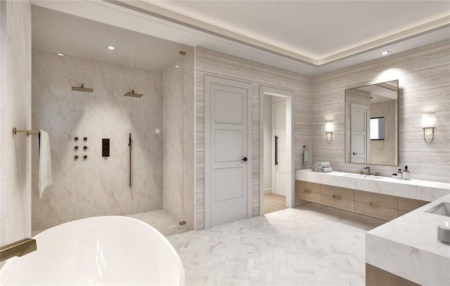 10126 Gulf Blvd Unit Ph1, Treasure Island, FL 33706 - bathroom featuring double vanity, a freestanding tub, a marble finish shower, and recessed lighting