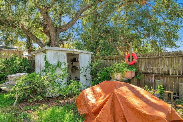 exterior space featuring a shed