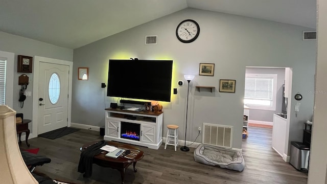 living room with vaulted ceiling and dark hardwood / wood-style flooring