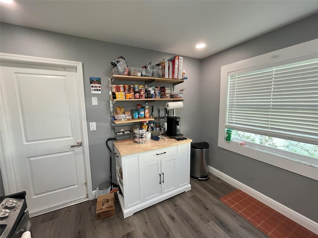 bar featuring dark hardwood / wood-style floors, white cabinetry, and wood counters