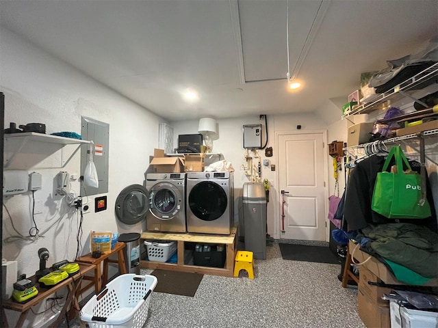 storage room with separate washer and dryer and electric panel