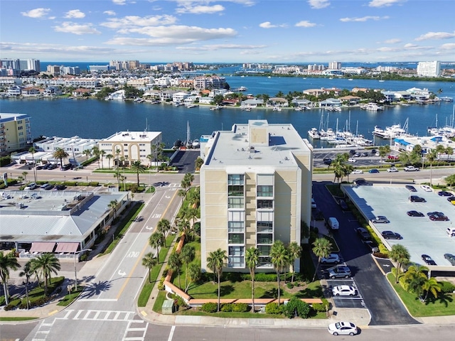 bird's eye view with a water view