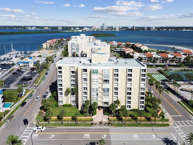 drone / aerial view with a water view