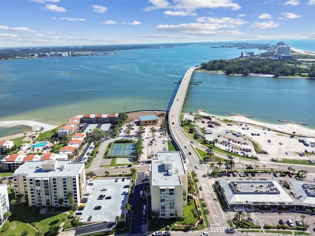 bird's eye view with a water view and a view of the beach