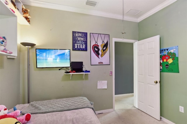 carpeted bedroom featuring crown molding