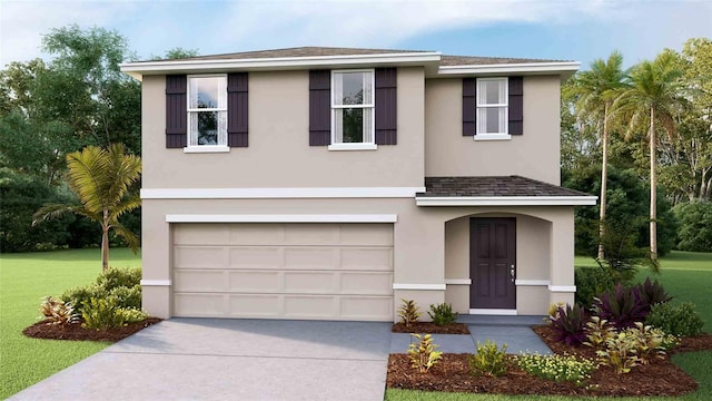 view of front facade with a garage and a front lawn