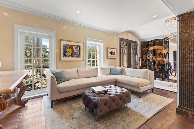 tiled living room with vaulted ceiling