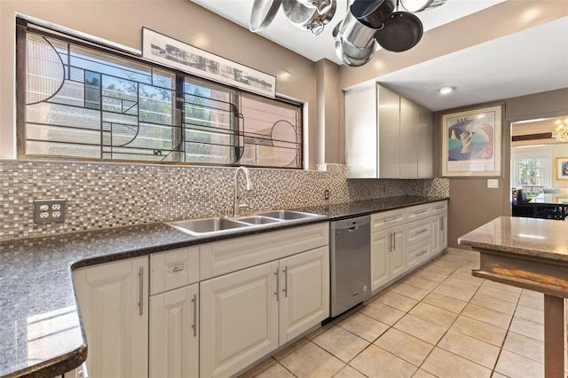 kitchen with tasteful backsplash, sink, white cabinets, light tile patterned floors, and stainless steel dishwasher