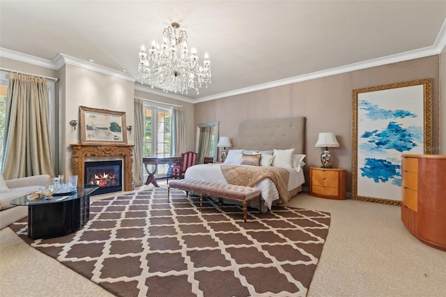 bedroom with ornamental molding, a chandelier, and carpet floors