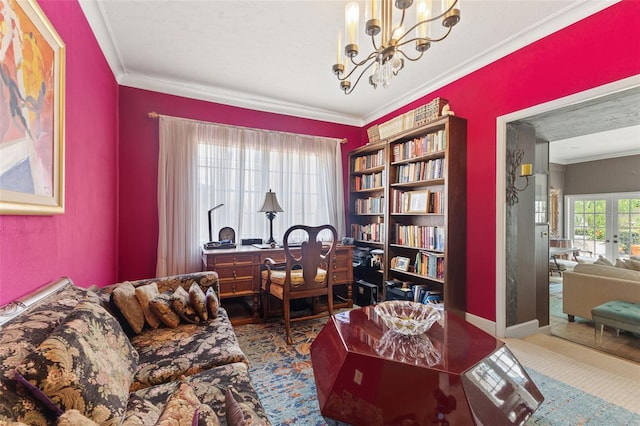 office area with an inviting chandelier, carpet, and ornamental molding