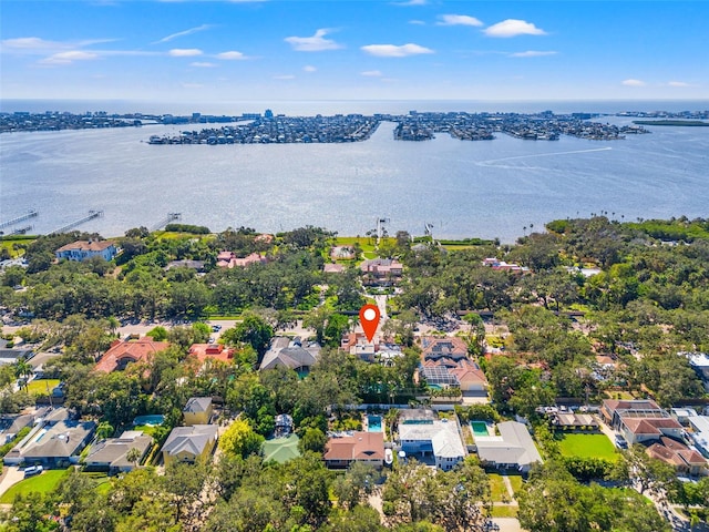 drone / aerial view featuring a water view