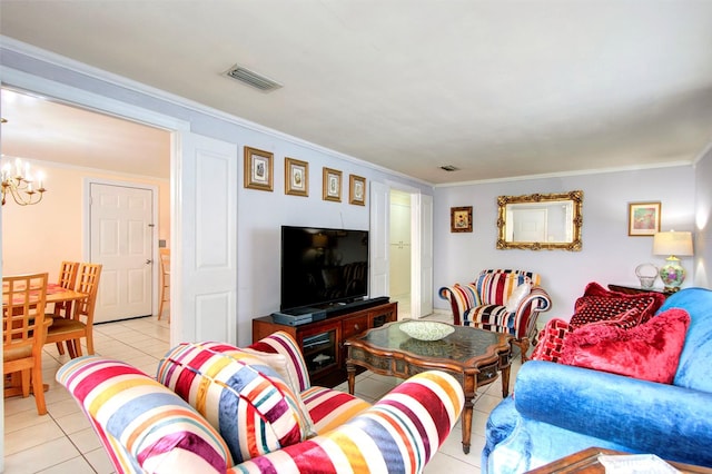 living room featuring crown molding, light tile patterned floors, and a chandelier