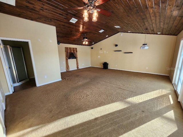 carpeted empty room featuring ceiling fan, wooden ceiling, and lofted ceiling