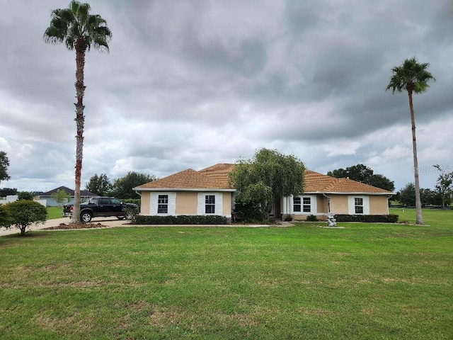 ranch-style home featuring a front lawn