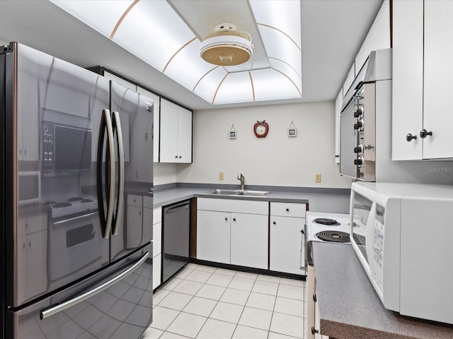 kitchen with white appliances, white cabinetry, and a sink