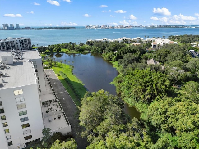 birds eye view of property featuring a water view and a city view