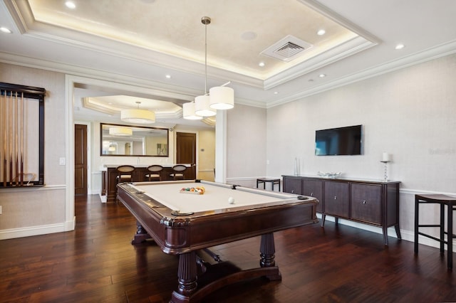 playroom featuring indoor bar, a tray ceiling, and pool table