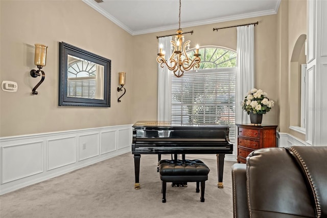 miscellaneous room featuring an inviting chandelier, light colored carpet, and crown molding