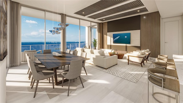 interior space with a water view