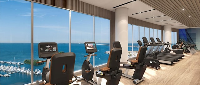 workout area with wood-type flooring and a water view