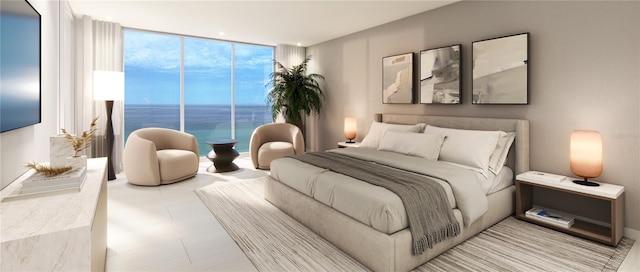 bedroom featuring expansive windows and a water view