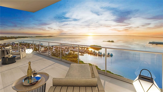 balcony at dusk with a water view