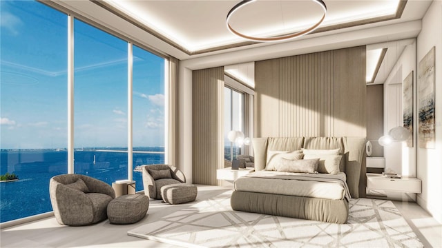 bedroom featuring a water view