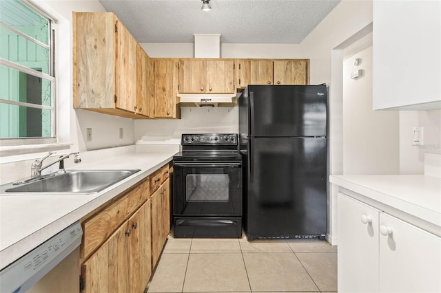 2222 Greenhaven Dr, Sun City Center, FL 33573 - kitchen featuring black appliances, a sink, light countertops, under cabinet range hood, and light tile patterned floors
