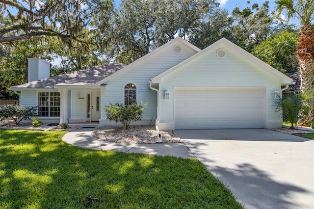 ranch-style house with a front yard and a garage