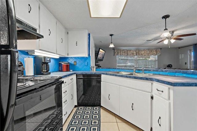 kitchen with a textured ceiling, sink, white cabinetry, black appliances, and ceiling fan