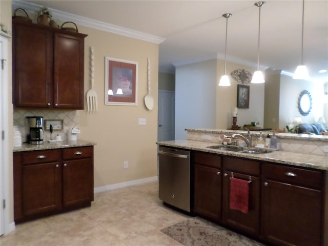 kitchen featuring pendant lighting, stainless steel dishwasher, light stone countertops, ornamental molding, and tasteful backsplash