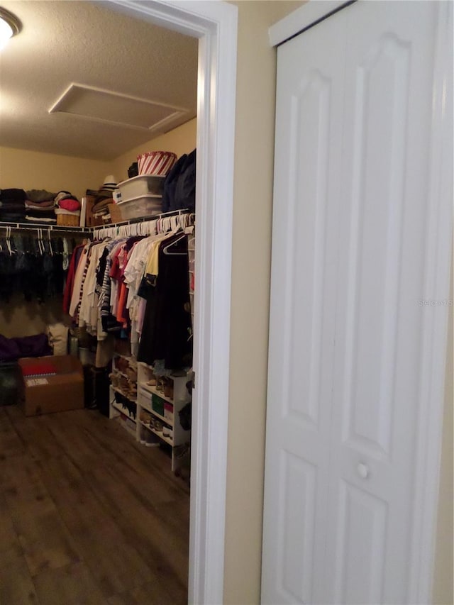 spacious closet featuring dark hardwood / wood-style flooring