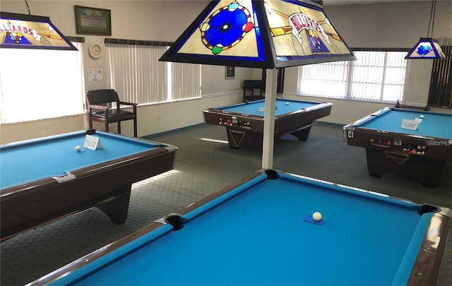 game room with carpet and billiards