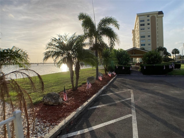 view of street with a water view