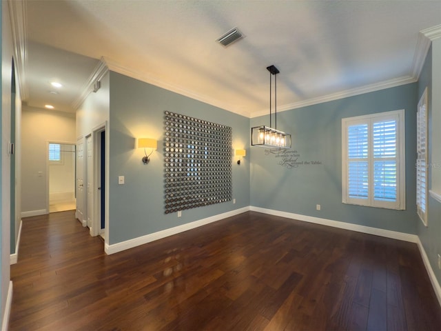 unfurnished room featuring dark hardwood / wood-style floors and crown molding