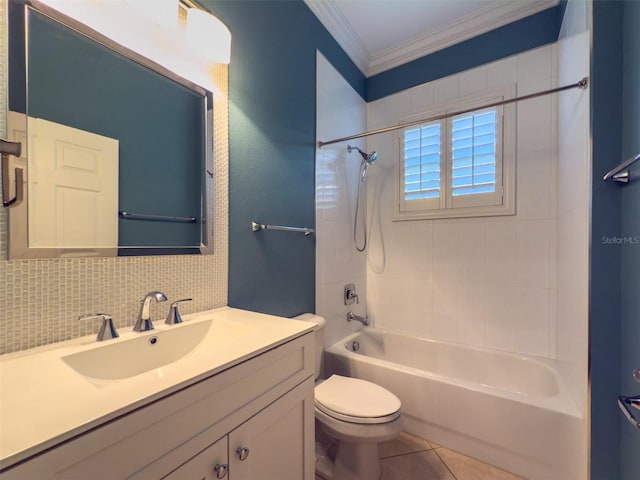 full bathroom with tiled shower / bath combo, crown molding, toilet, decorative backsplash, and vanity