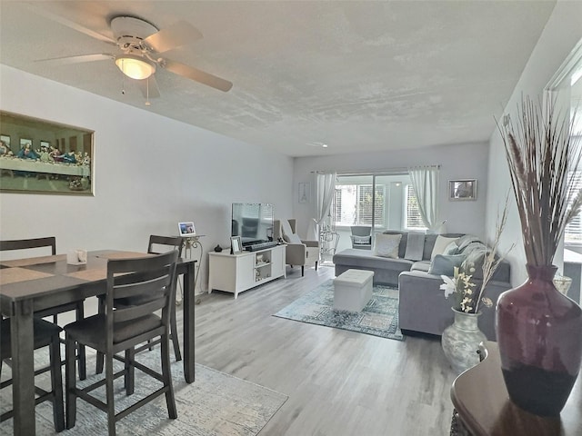 living room featuring ceiling fan, a textured ceiling, and wood-type flooring