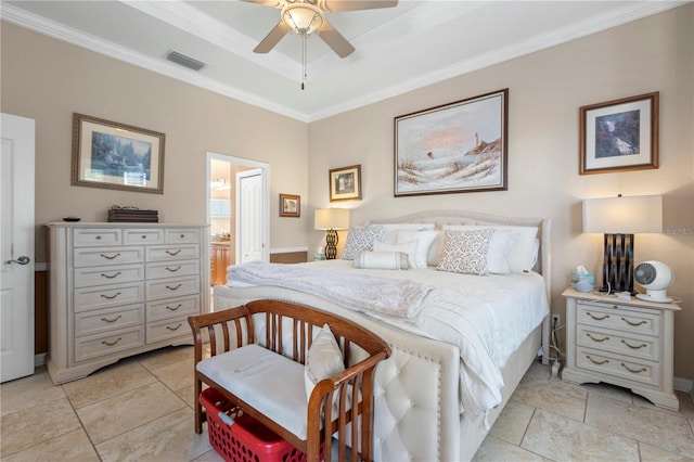 bedroom featuring ceiling fan and crown molding