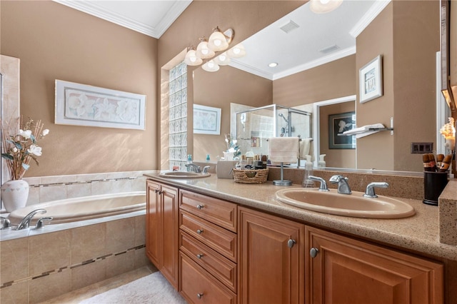 bathroom featuring vanity, crown molding, and plus walk in shower