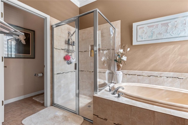 bathroom with crown molding, tile patterned flooring, and independent shower and bath