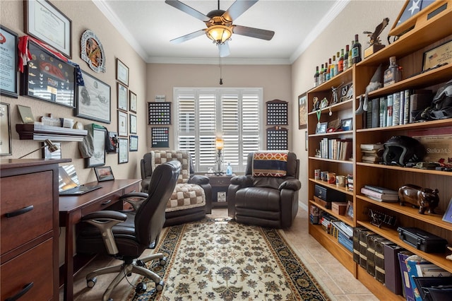 office space with ceiling fan, light tile patterned flooring, and ornamental molding