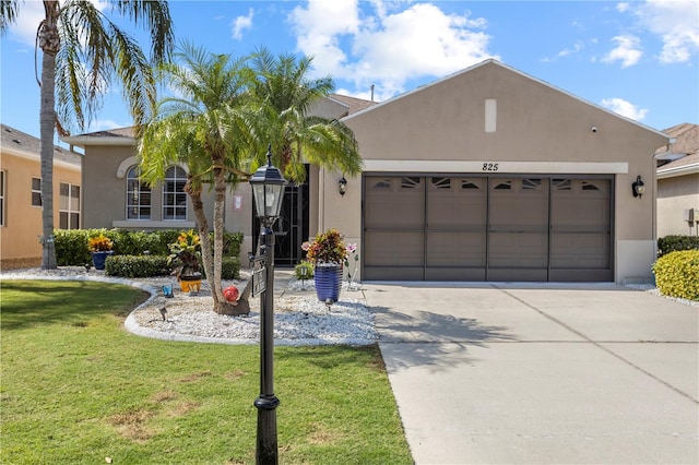 view of front of property with a front yard and a garage